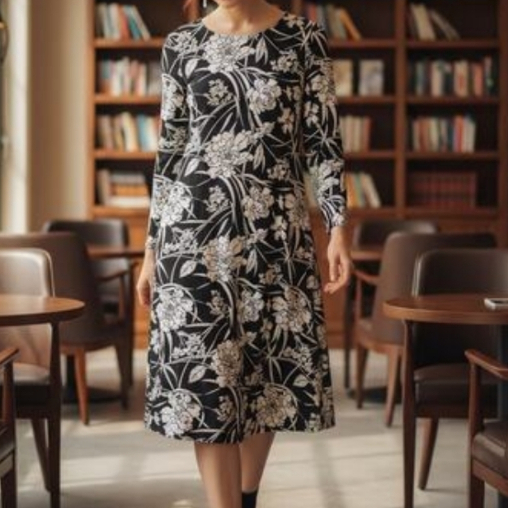 Bryn Walker Rya Black Cream Floral Midi Dress Size Large Long Sleeve Stretch